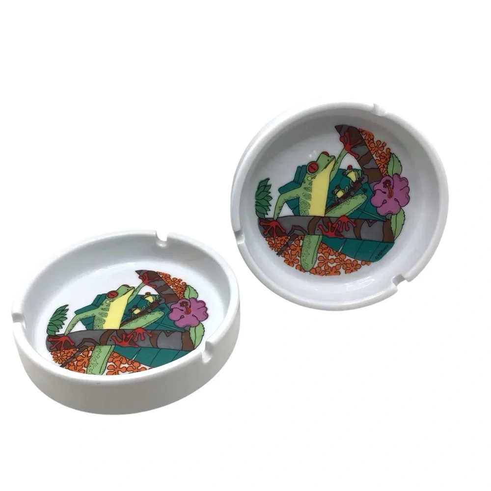 Vintage Costa Rica Souvenir Tree Frog Tropical Ashtrays Set of 2 Ceramic 5”